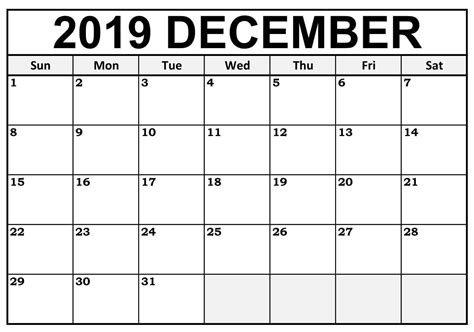 December 2019 Calendar Printable Free